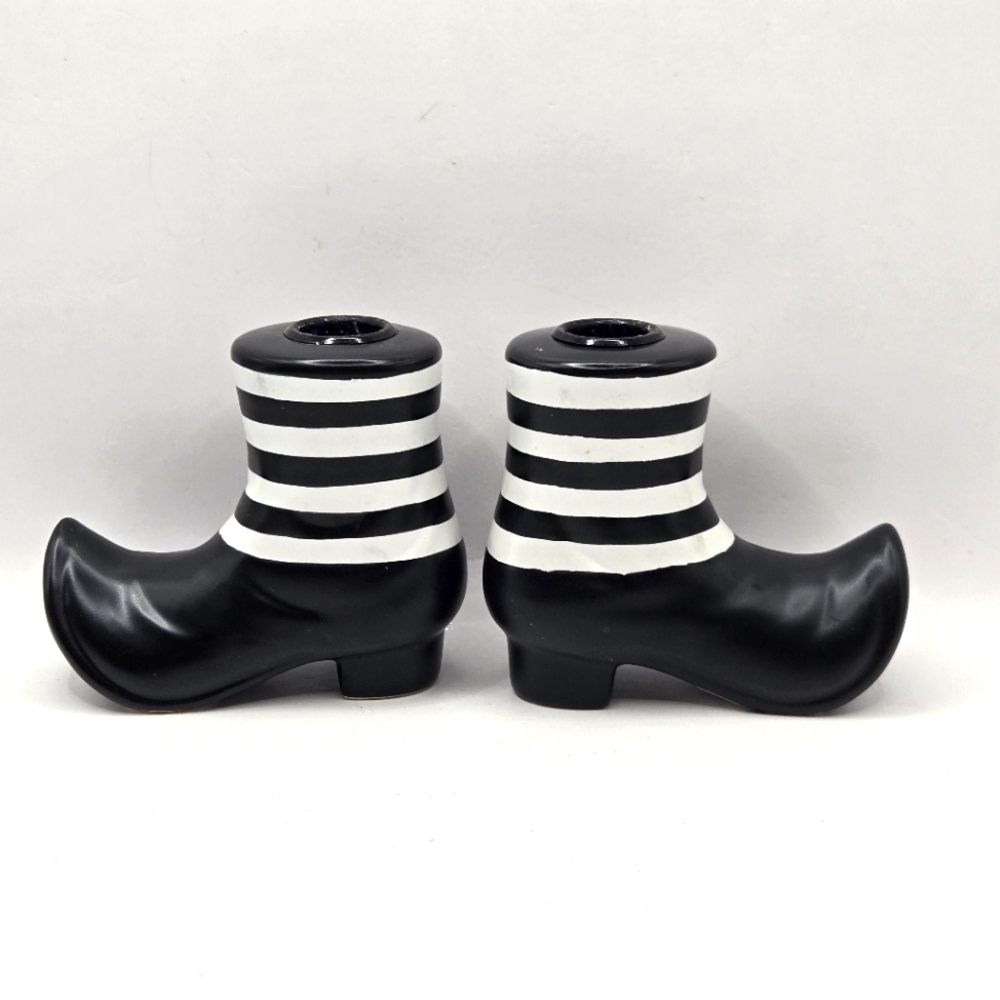 Ceramic Witch Taper Stripes Shoes Boot Candlestick Holder White Black Pair